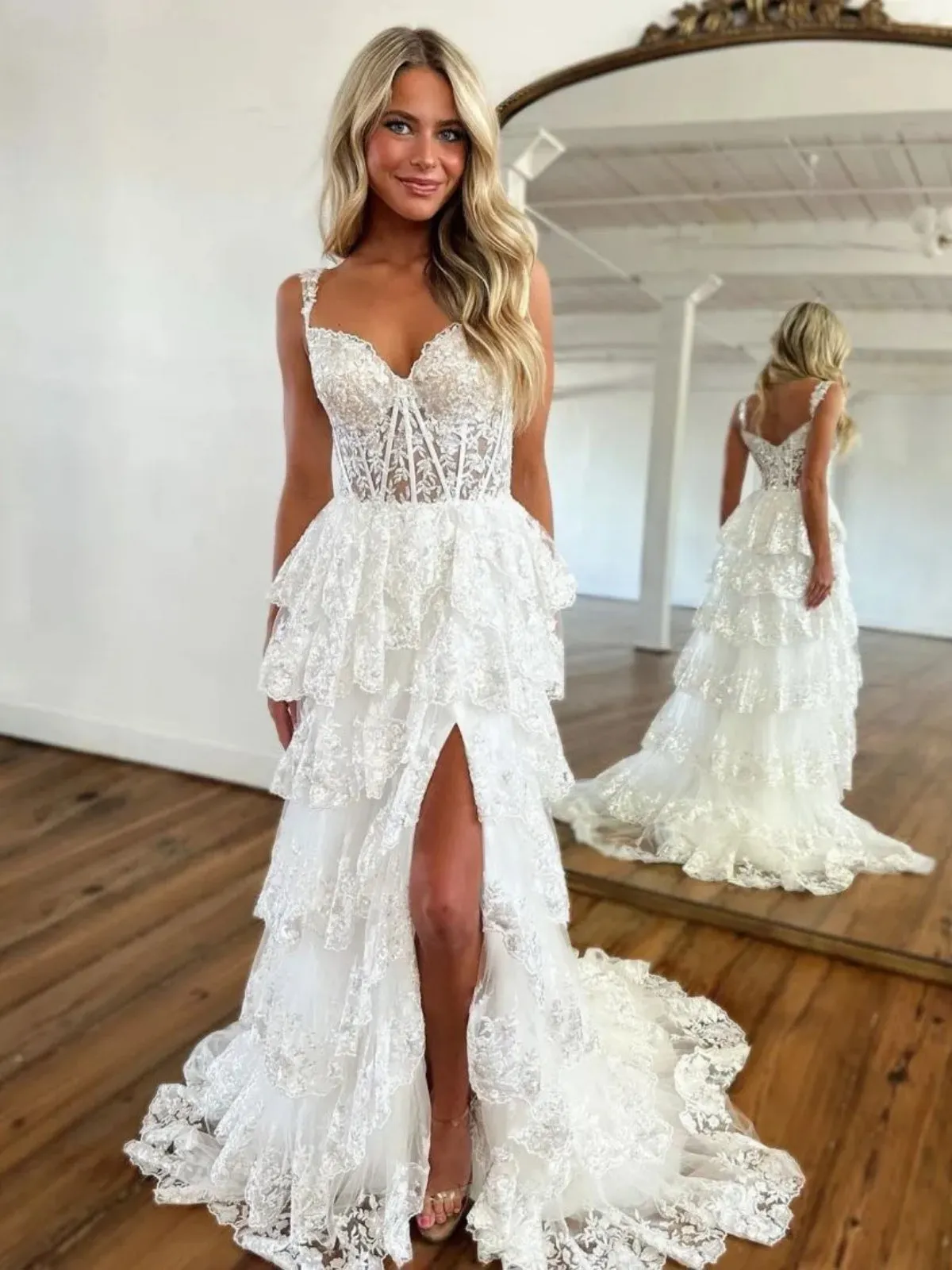 Off the Shoulder Multi Layered Lace Prom Dresses, Lace Layered Long Formal Evening Dresses