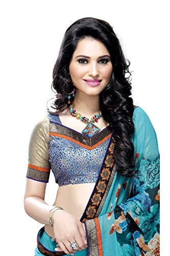 Oomph! Women's Georgette Sarees Party Wear/Fancy Georgette Sarees/Printed Georgette Sarees - Cerulean Blue