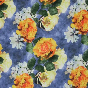 Orange, Yellow and White Flowers on Blue Background Charmeuse Polyester Fabric