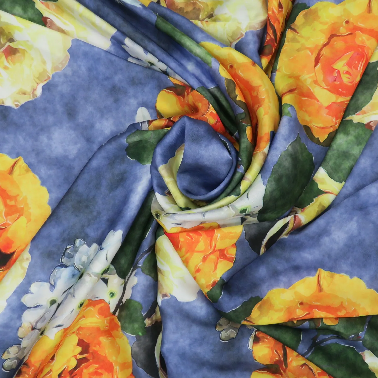 Orange, Yellow and White Flowers on Blue Background Charmeuse Polyester Fabric