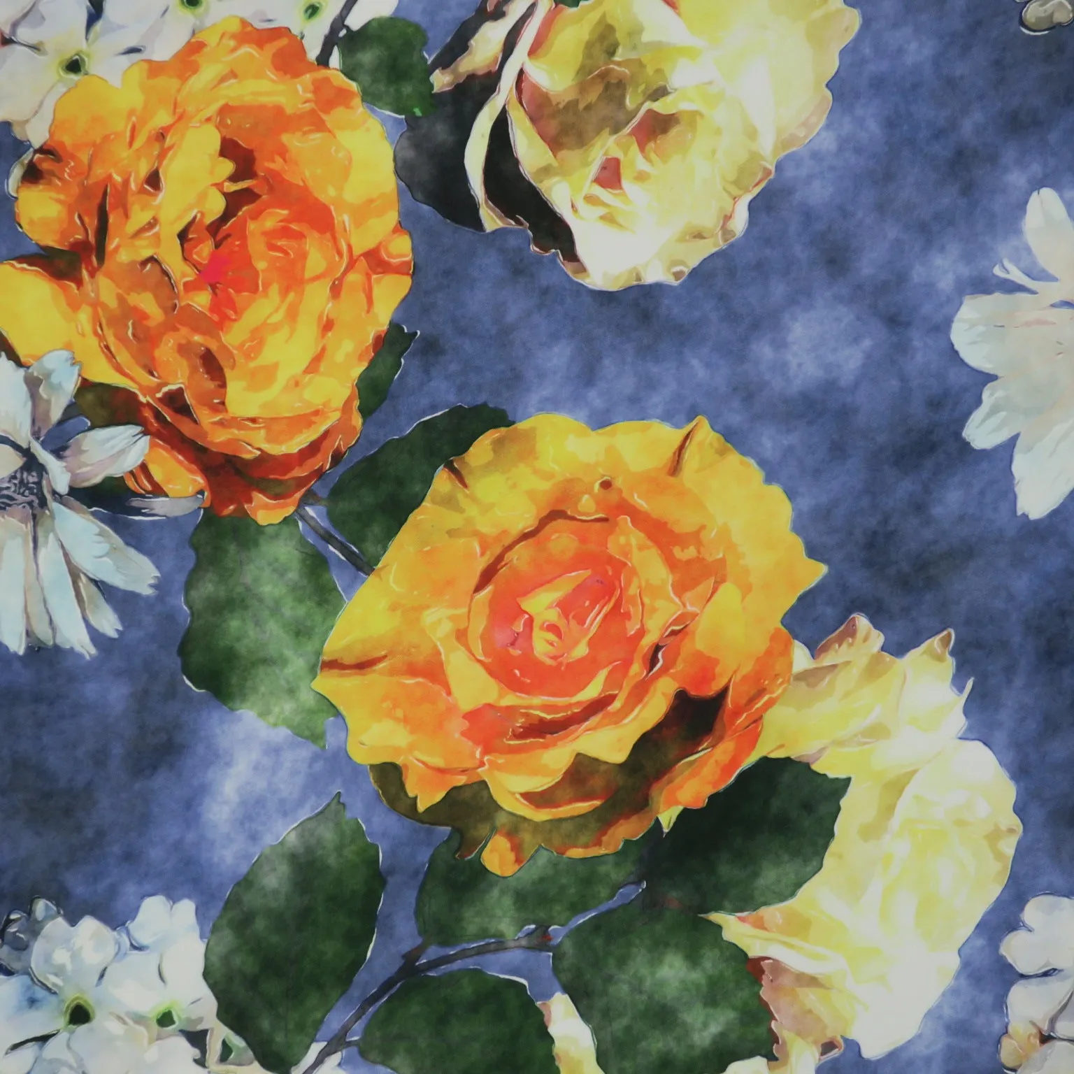 Orange, Yellow and White Flowers on Blue Background Charmeuse Polyester Fabric