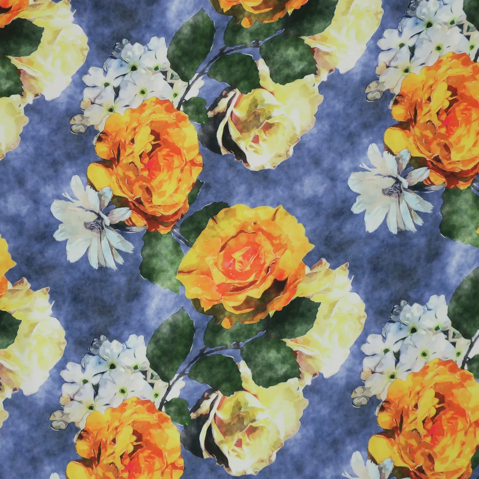 Orange, Yellow and White Flowers on Blue Background Charmeuse Polyester Fabric