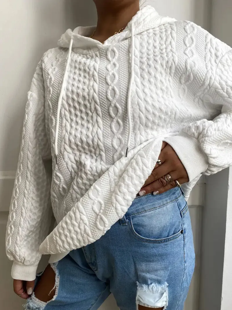 Plus Size Casual Ribbed Hoodie – Solid, Long Sleeve, Slight Stretch, Drawstring Sweatshirt