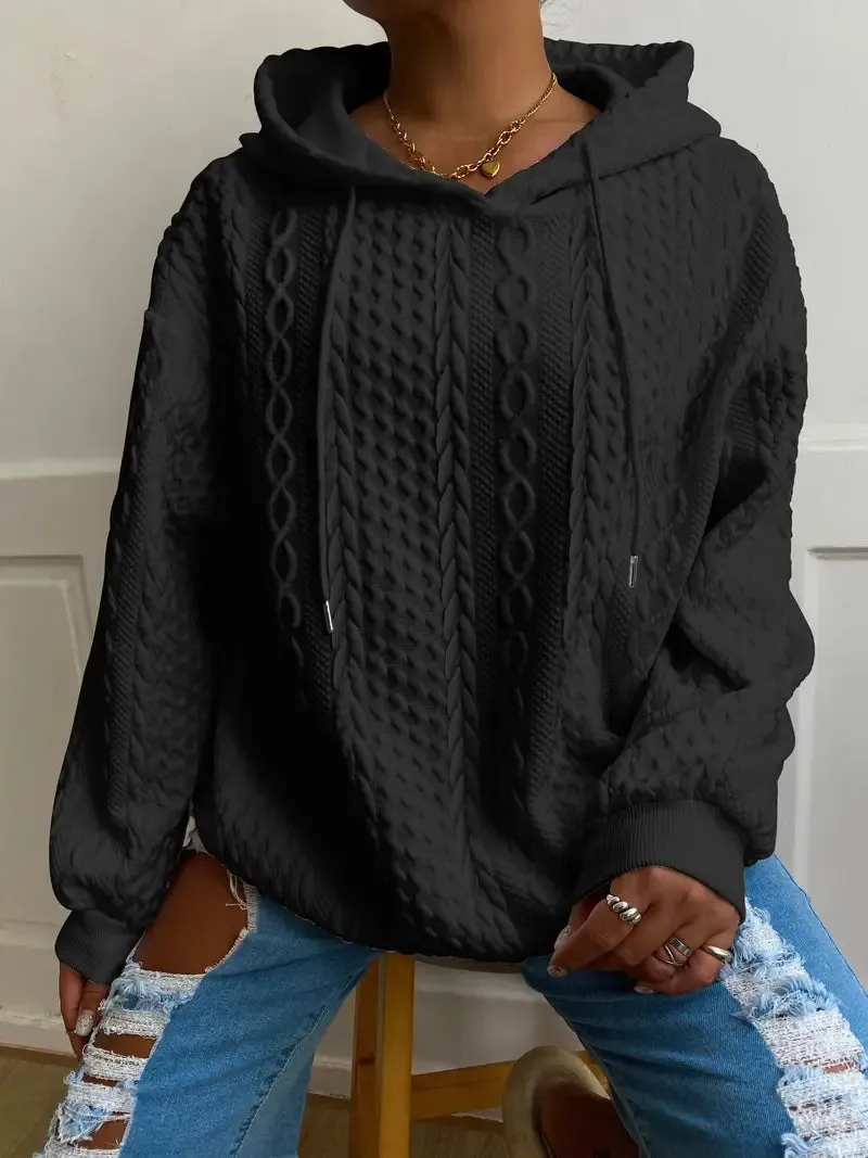 Plus Size Casual Ribbed Hoodie – Solid, Long Sleeve, Slight Stretch, Drawstring Sweatshirt