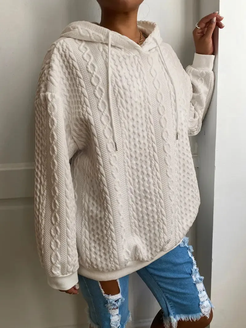 Plus Size Casual Ribbed Hoodie – Solid, Long Sleeve, Slight Stretch, Drawstring Sweatshirt