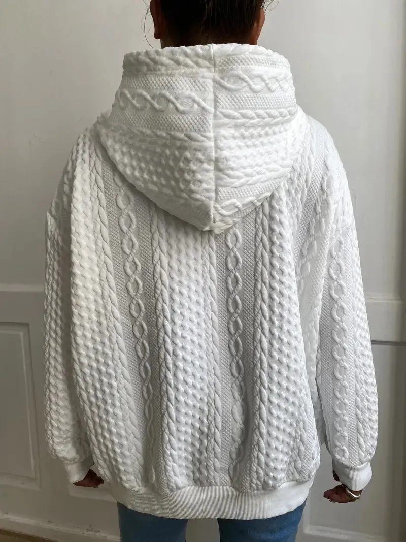 Plus Size Casual Ribbed Hoodie – Solid, Long Sleeve, Slight Stretch, Drawstring Sweatshirt