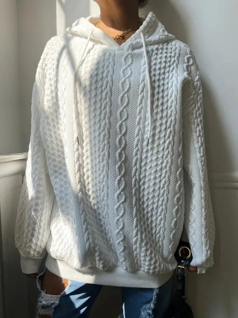 Plus Size Casual Ribbed Hoodie – Solid, Long Sleeve, Slight Stretch, Drawstring Sweatshirt