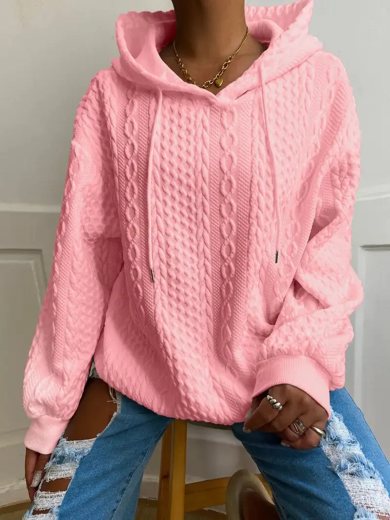 Plus Size Casual Ribbed Hoodie – Solid, Long Sleeve, Slight Stretch, Drawstring Sweatshirt