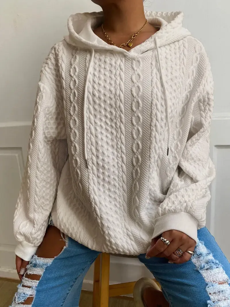 Plus Size Casual Ribbed Hoodie – Solid, Long Sleeve, Slight Stretch, Drawstring Sweatshirt