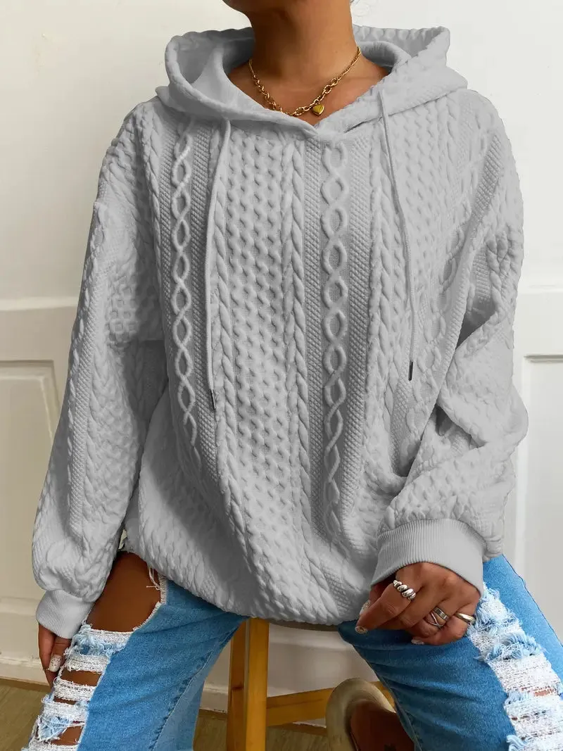 Plus Size Casual Ribbed Hoodie – Solid, Long Sleeve, Slight Stretch, Drawstring Sweatshirt
