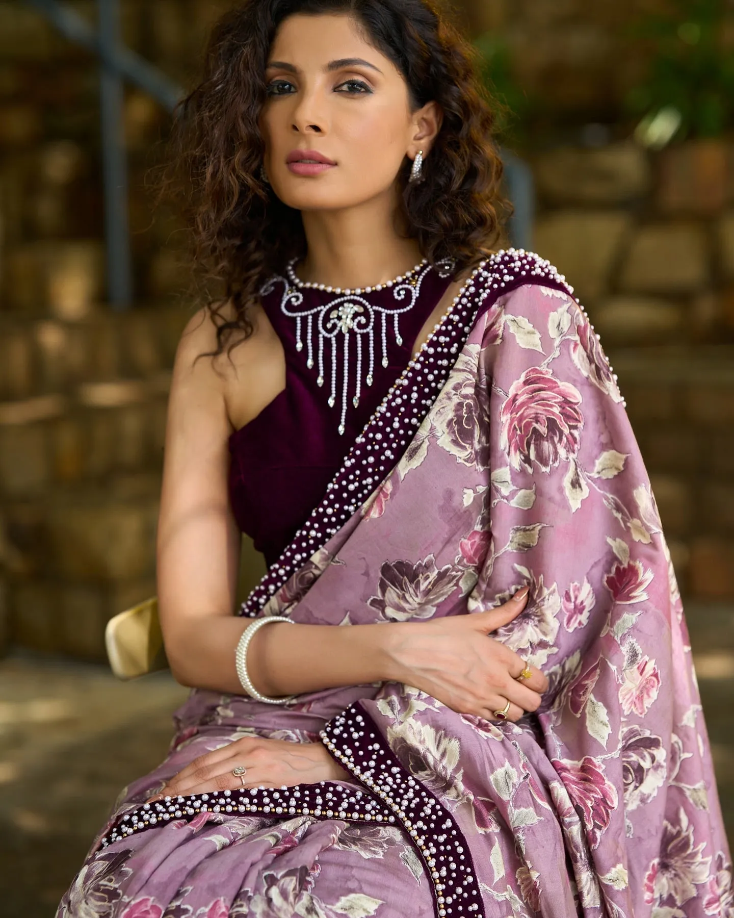 Purple Floral Printed Saree