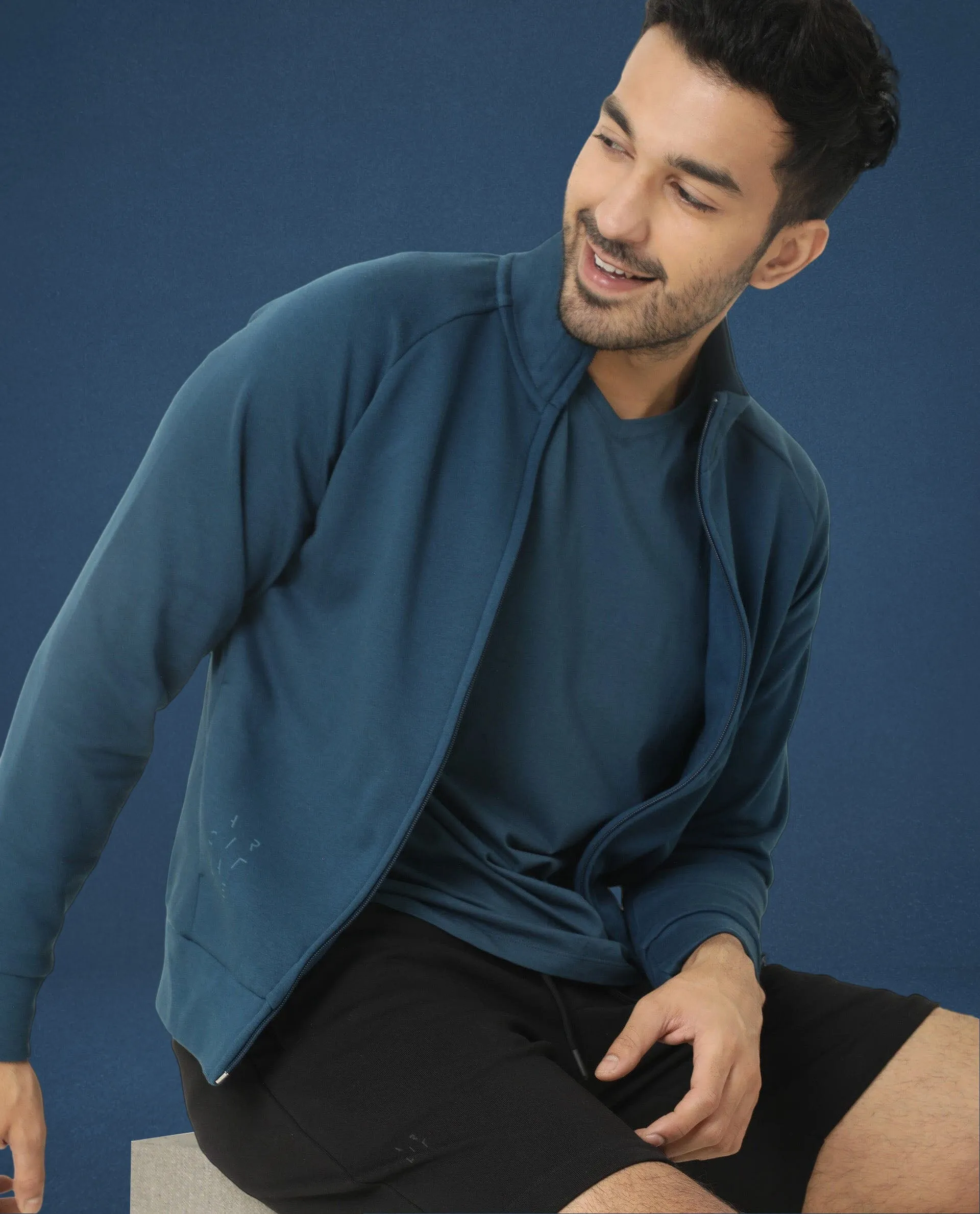 Rare Rabbit Articale Men's Azil Oyester Teal High Neck Zip-Up Jacket