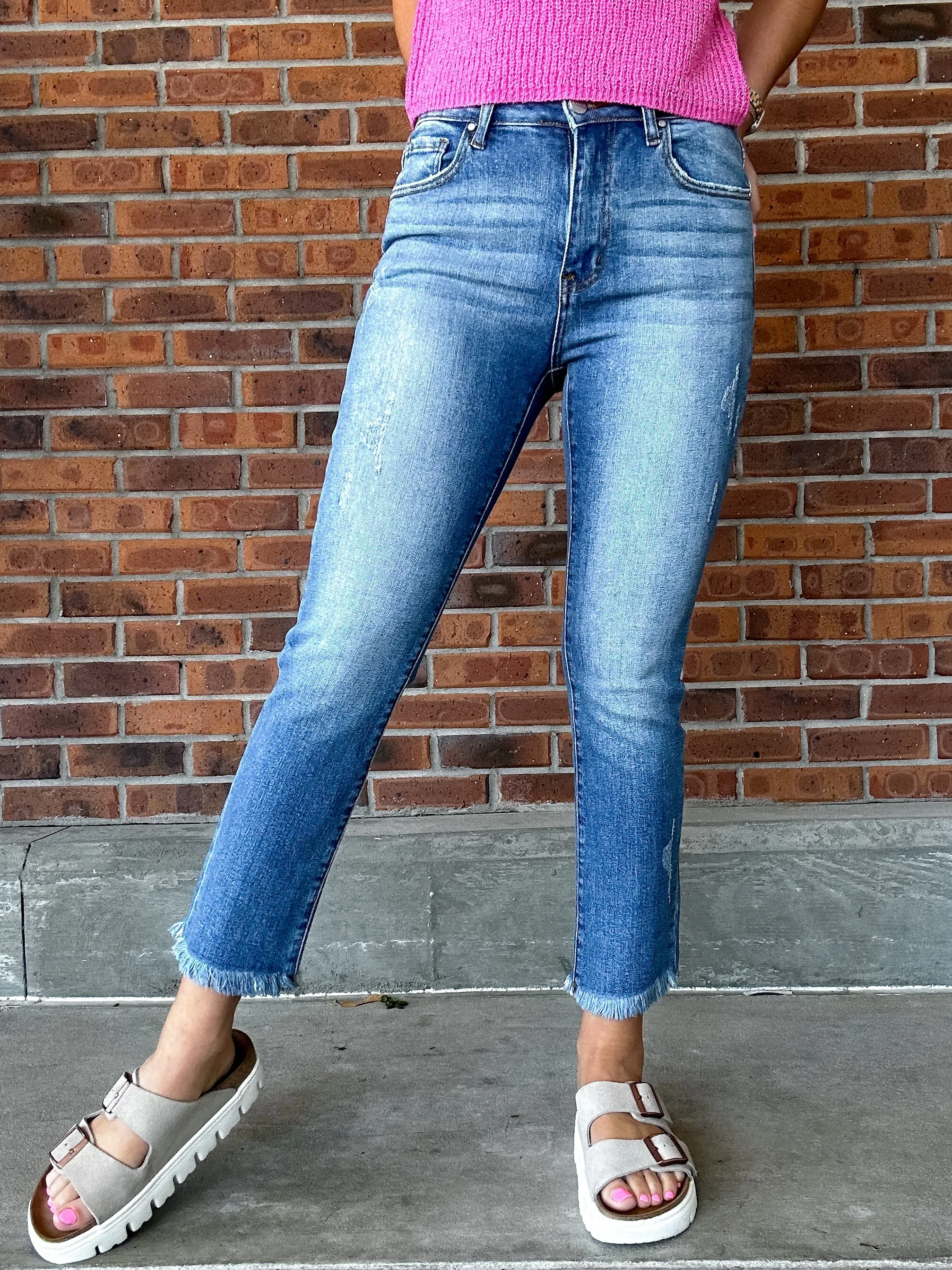 Risen Mid Rise Raw Hem Straight Leg Jean