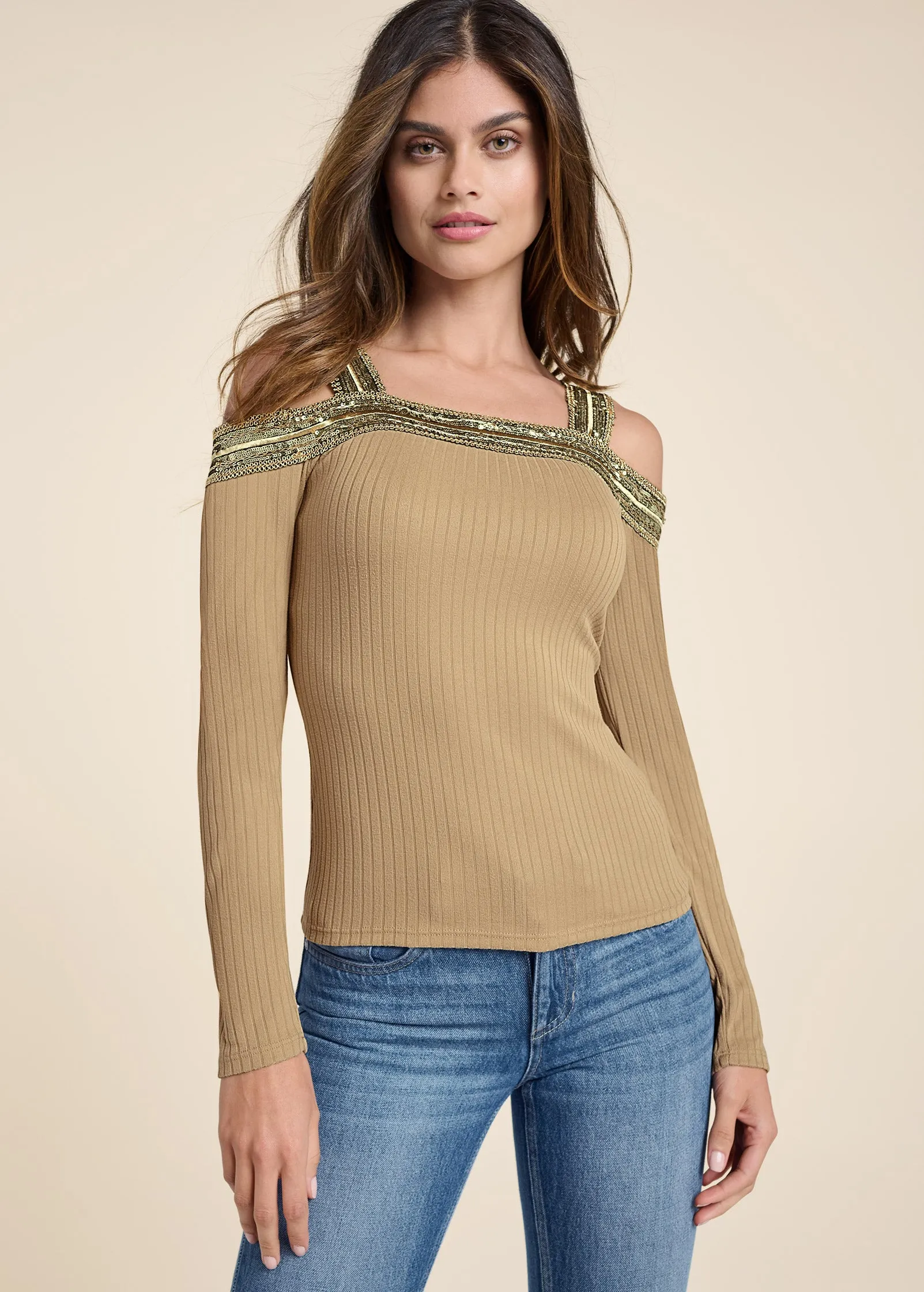 Sequin Cold-Shoulder Top - Tan