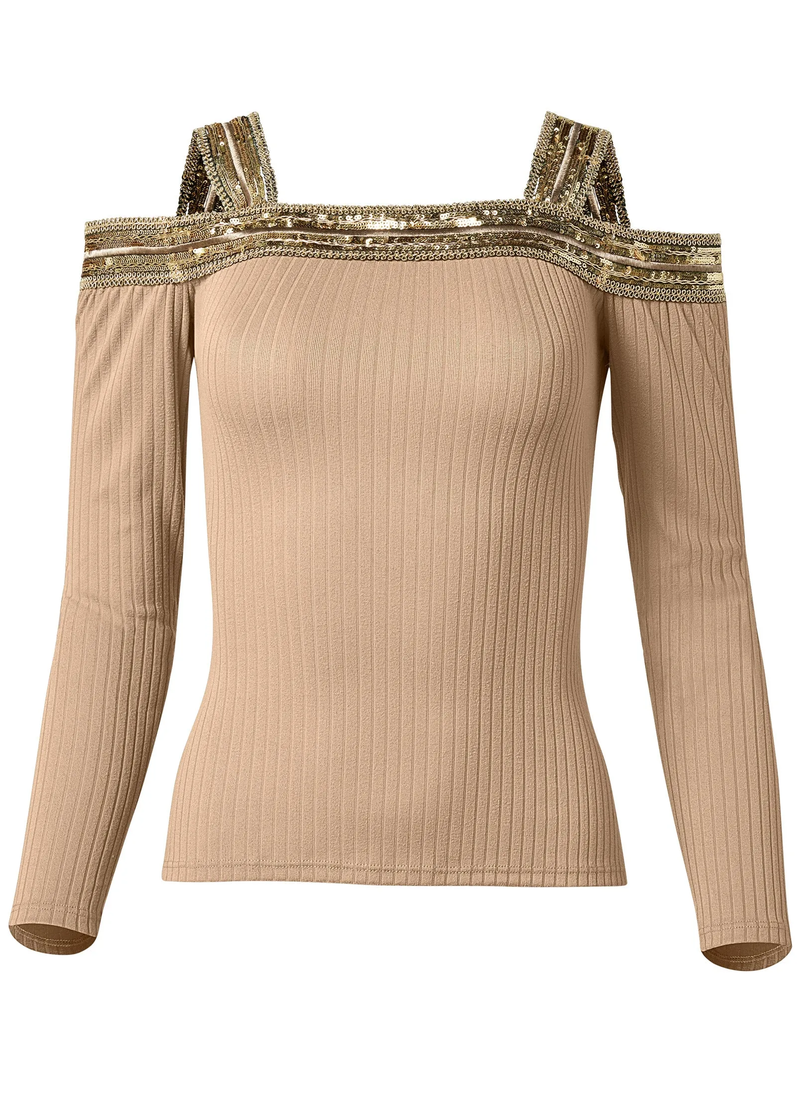 Sequin Cold-Shoulder Top - Tan