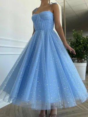 Shiny Tea Length Blue Lace Prom Dresses, Shiny Blue Lace Formal Homecoming Dresses