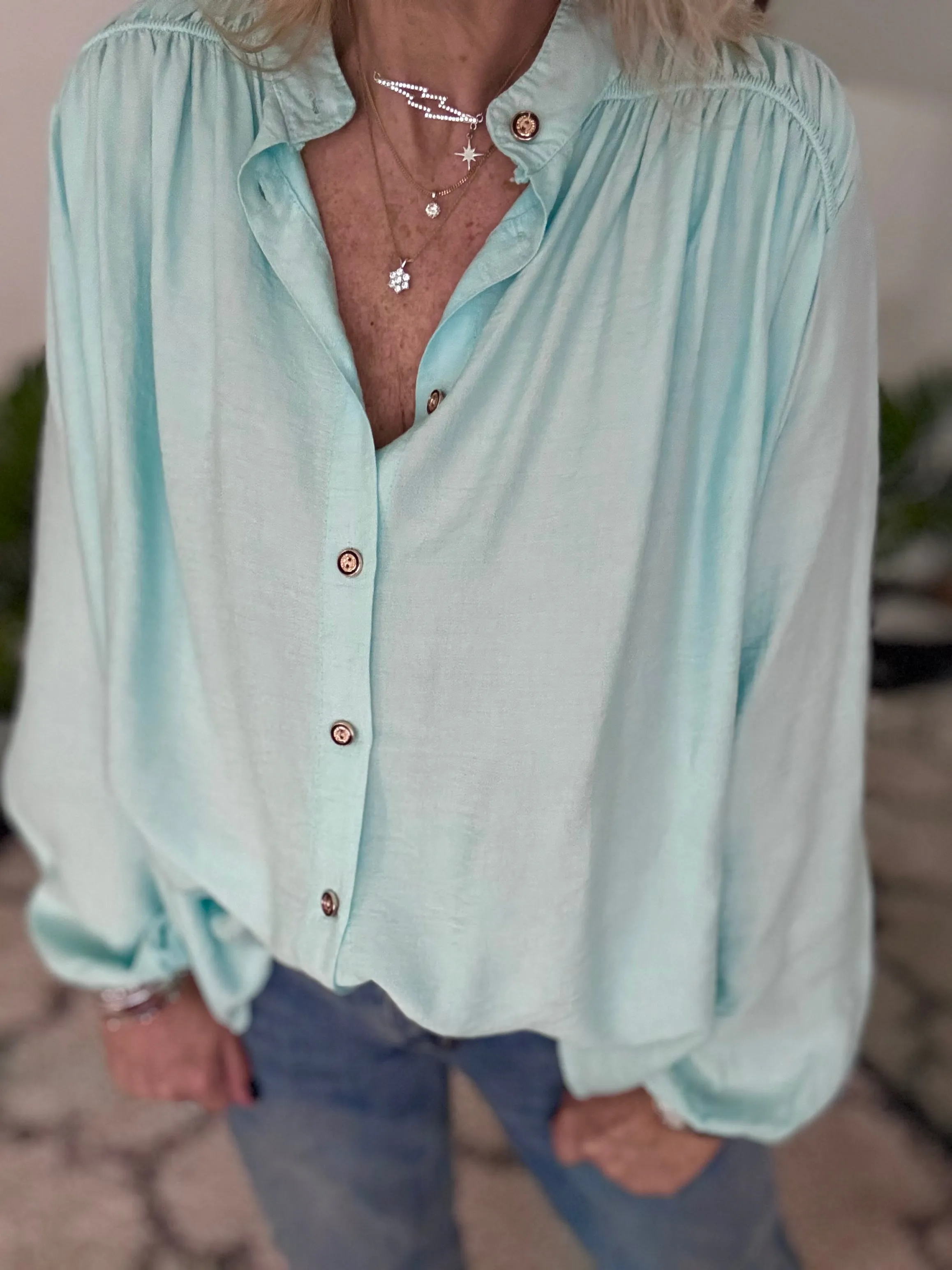 Shirred Blouse in Spearmint