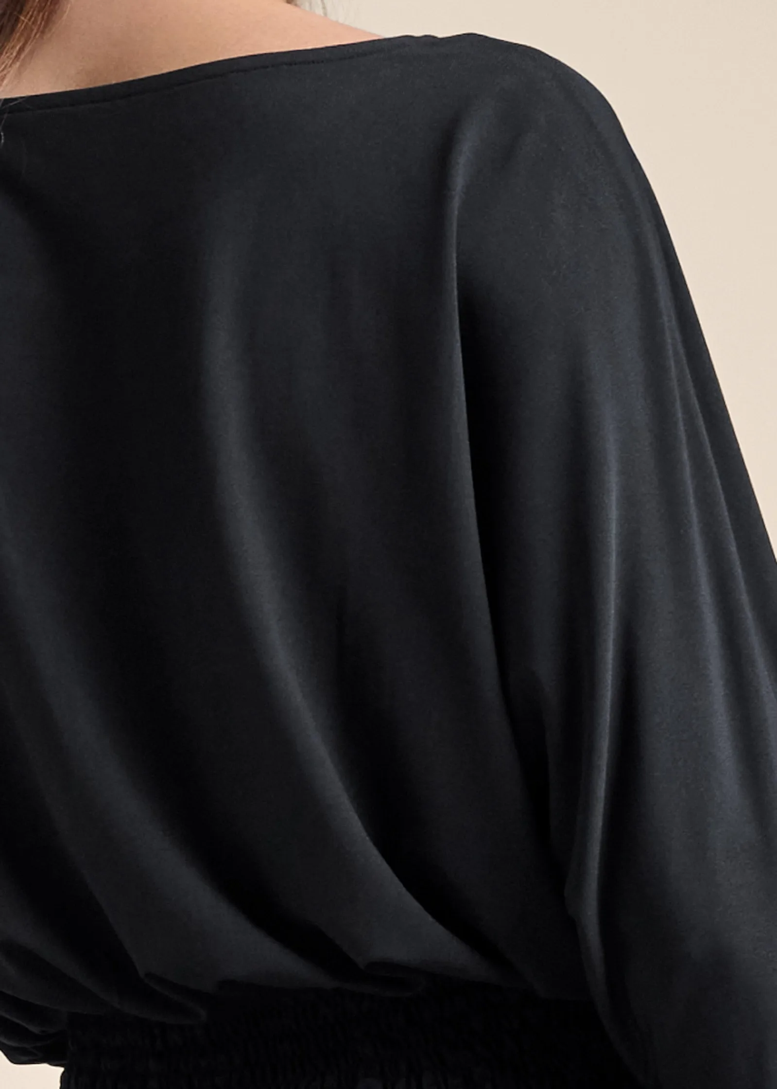 Smocked Waist Blouson Top - Black