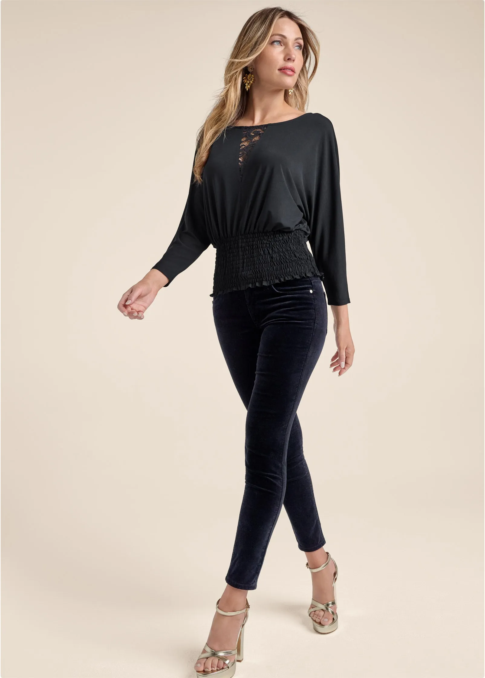 Smocked Waist Blouson Top - Black