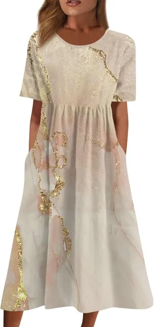 Spring Dresses for Women 2025 Short Sleeve Crew Neck Floral Long Flowy Dress Summer Dresses for Women 2025 Going Out Dress