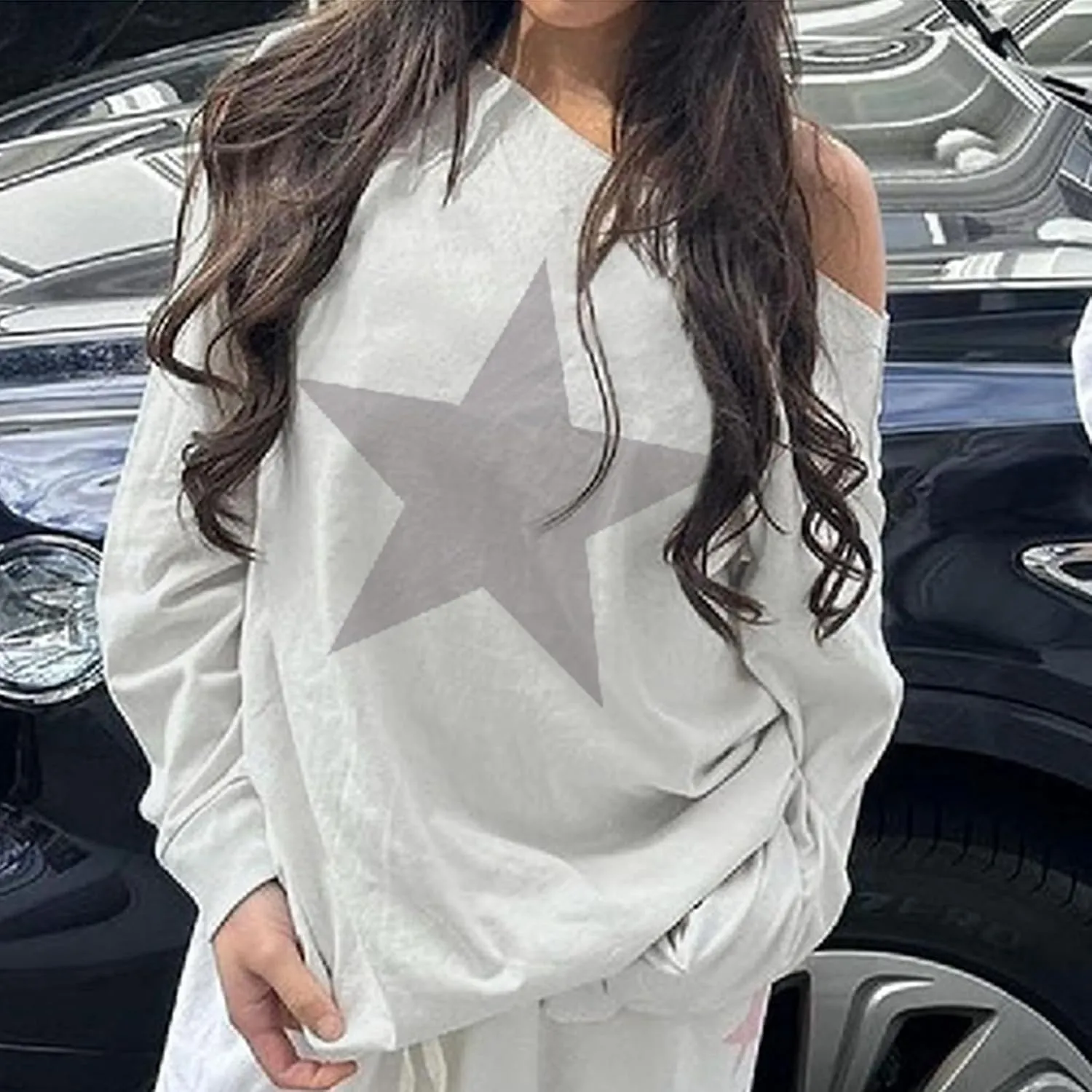 Star Graphic Vintage Sweatshirts Off The Shoulder Long Sleeve Top for Women Streetwear Grunge Loose Shirts Pullover