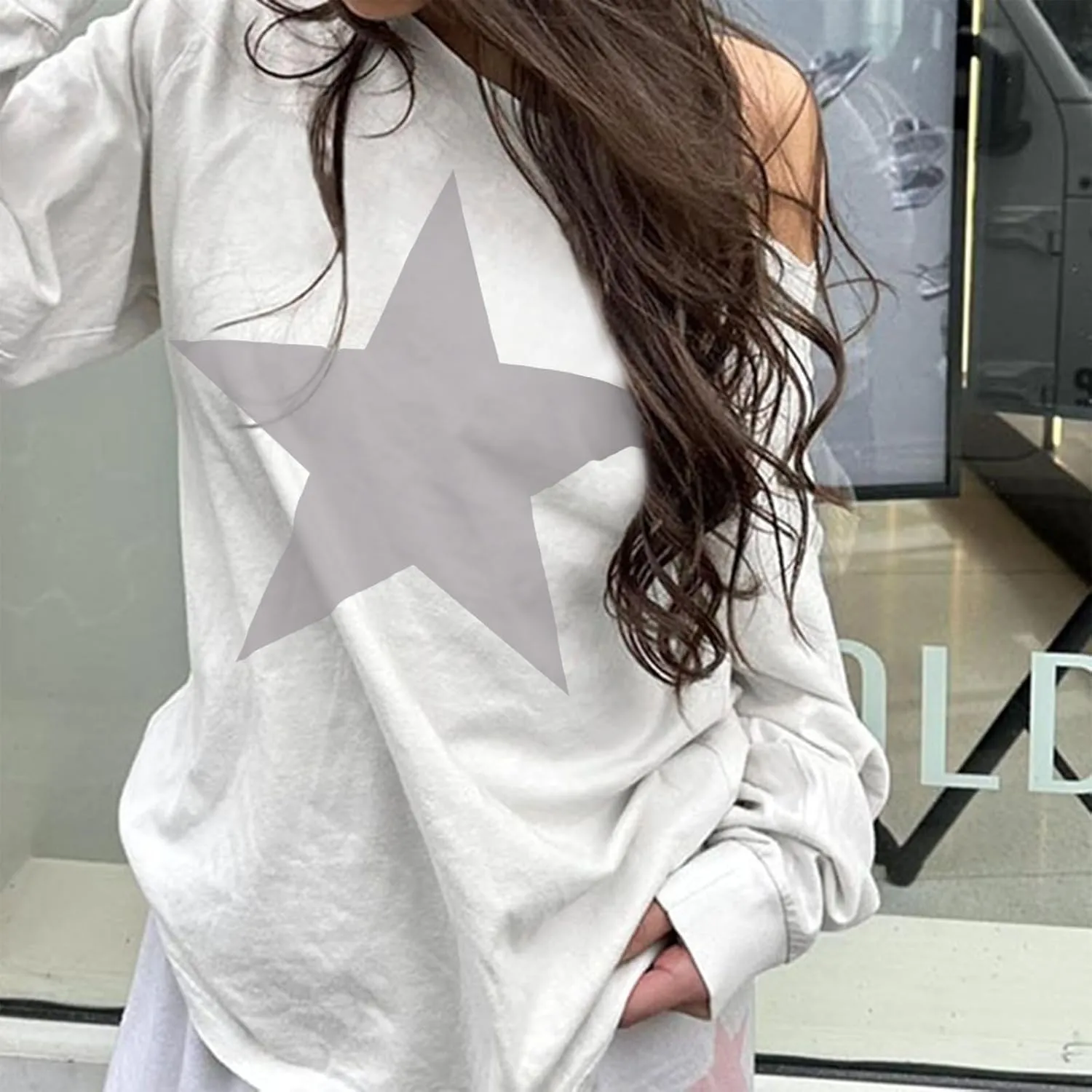 Star Graphic Vintage Sweatshirts Off The Shoulder Long Sleeve Top for Women Streetwear Grunge Loose Shirts Pullover