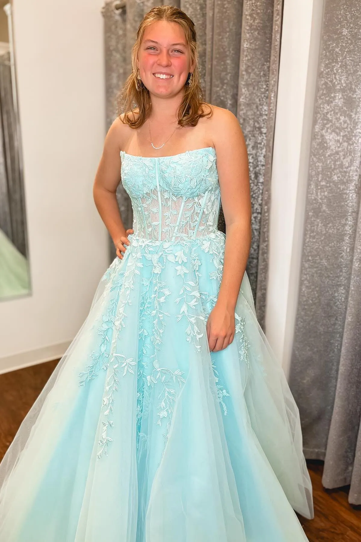 Strapless Light Blue Lace Appliques Long Formal Dress