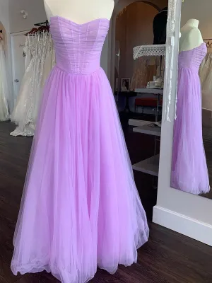 Strapless Purple Long Tulle Prom Dresses, Purple Long Formal Evening Dresses