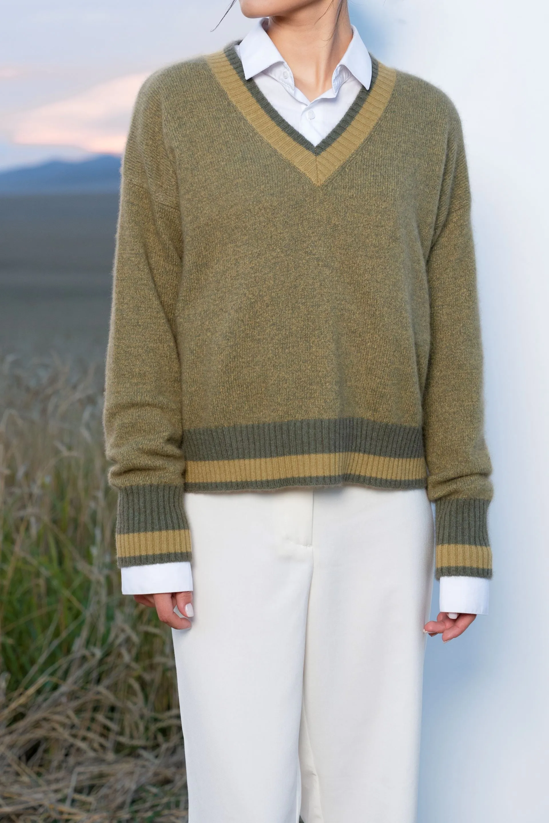 Striped Trim V-neck Sweater