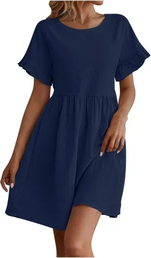 Sundresses for Women 2025 Cotton Linen Short Sleeve Crewneck Summer Dress Crewneck Beach Vacation Dresses