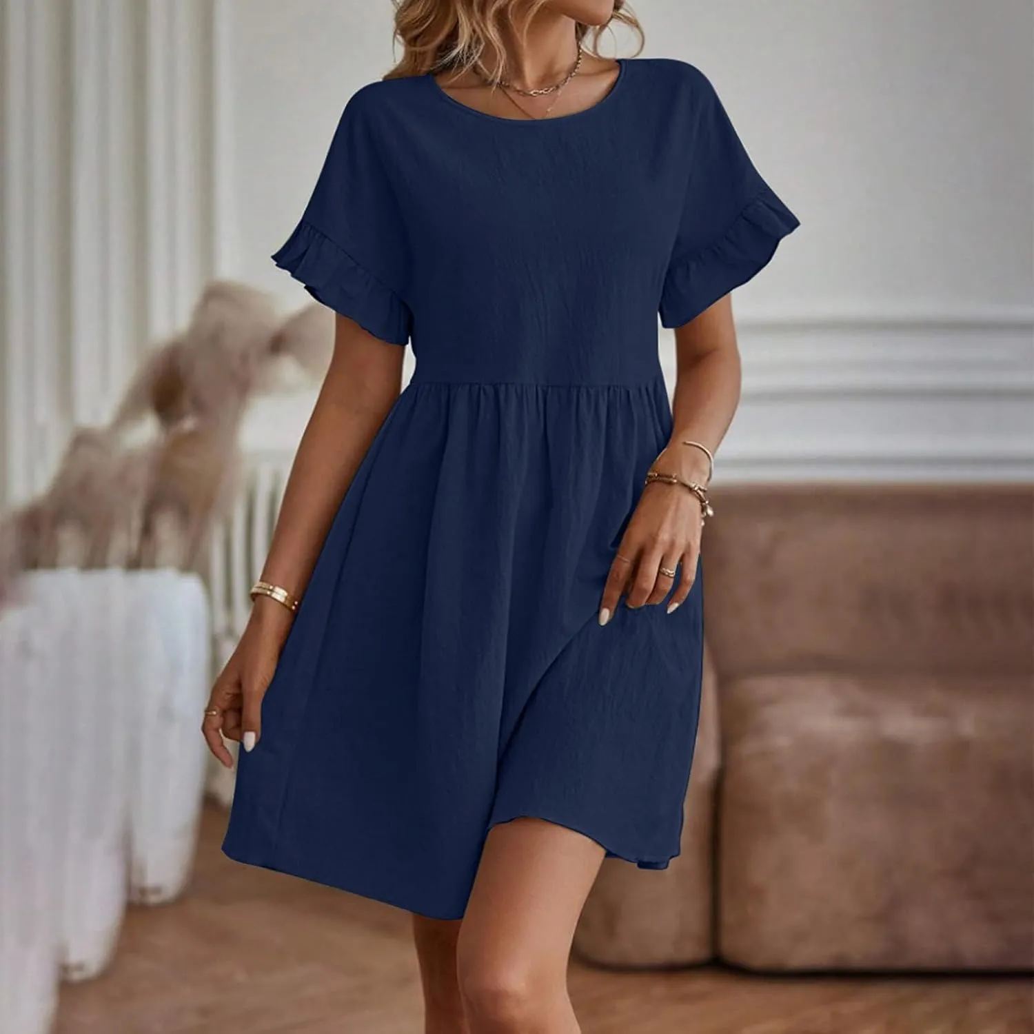 Sundresses for Women 2025 Cotton Linen Short Sleeve Crewneck Summer Dress Crewneck Beach Vacation Dresses