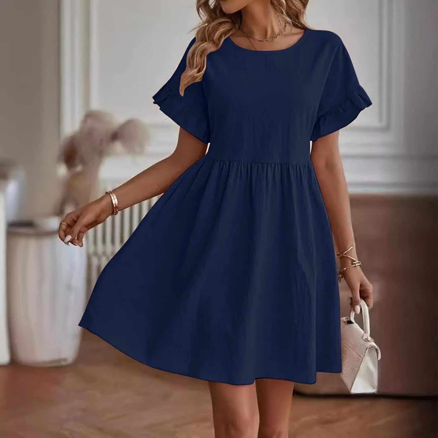 Sundresses for Women 2025 Cotton Linen Short Sleeve Crewneck Summer Dress Crewneck Beach Vacation Dresses