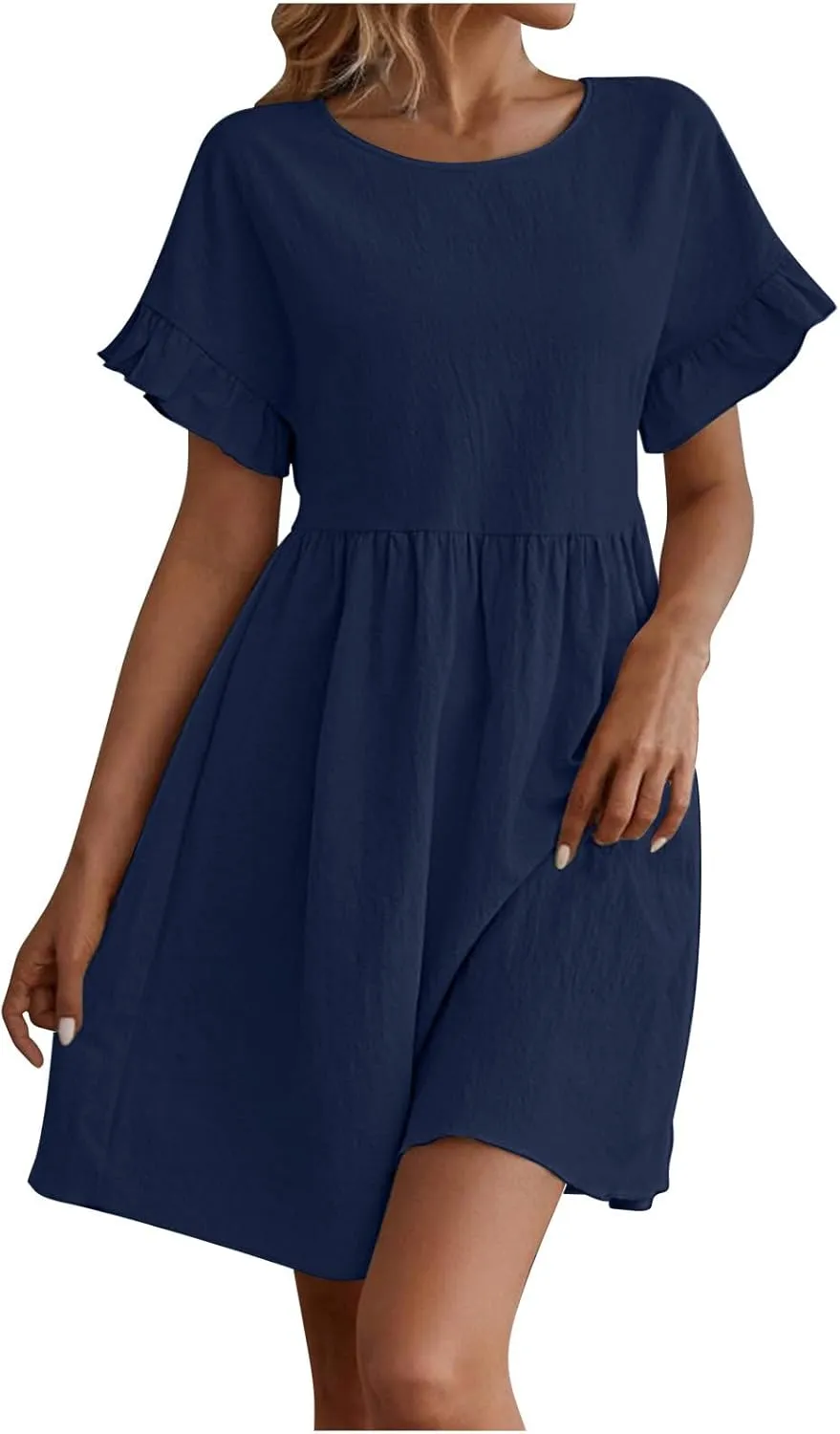 Sundresses for Women 2025 Cotton Linen Short Sleeve Crewneck Summer Dress Crewneck Beach Vacation Dresses