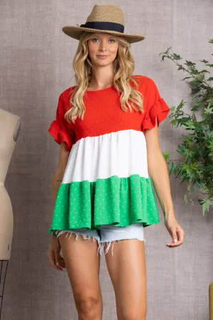 SWISS DOT SOLID COLOR RUFFLE SHORT SLEEVES TOP-B5668