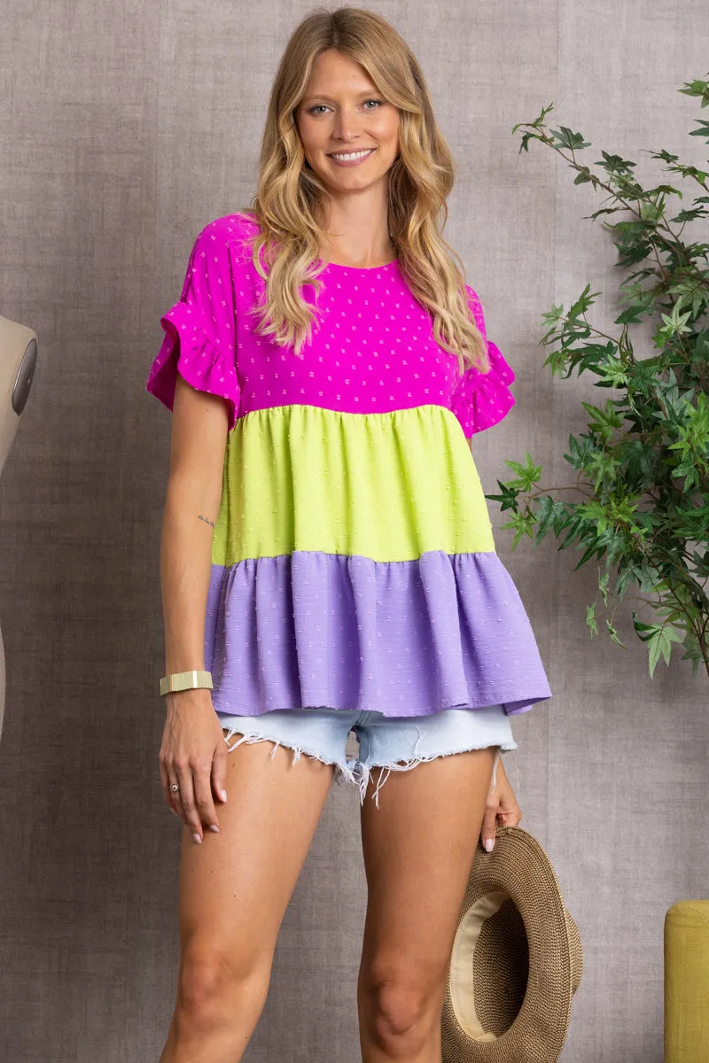 SWISS DOT SOLID COLOR RUFFLE SHORT SLEEVES TOP-B5668