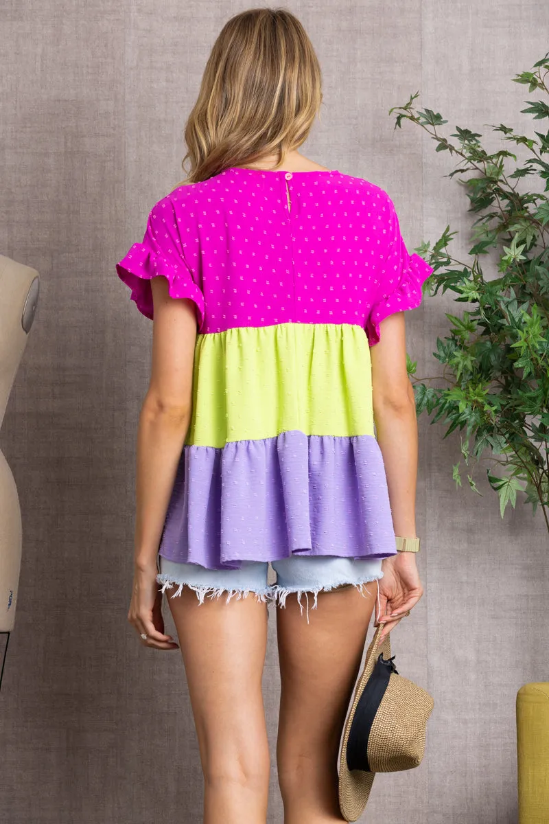 SWISS DOT SOLID COLOR RUFFLE SHORT SLEEVES TOP-B5668