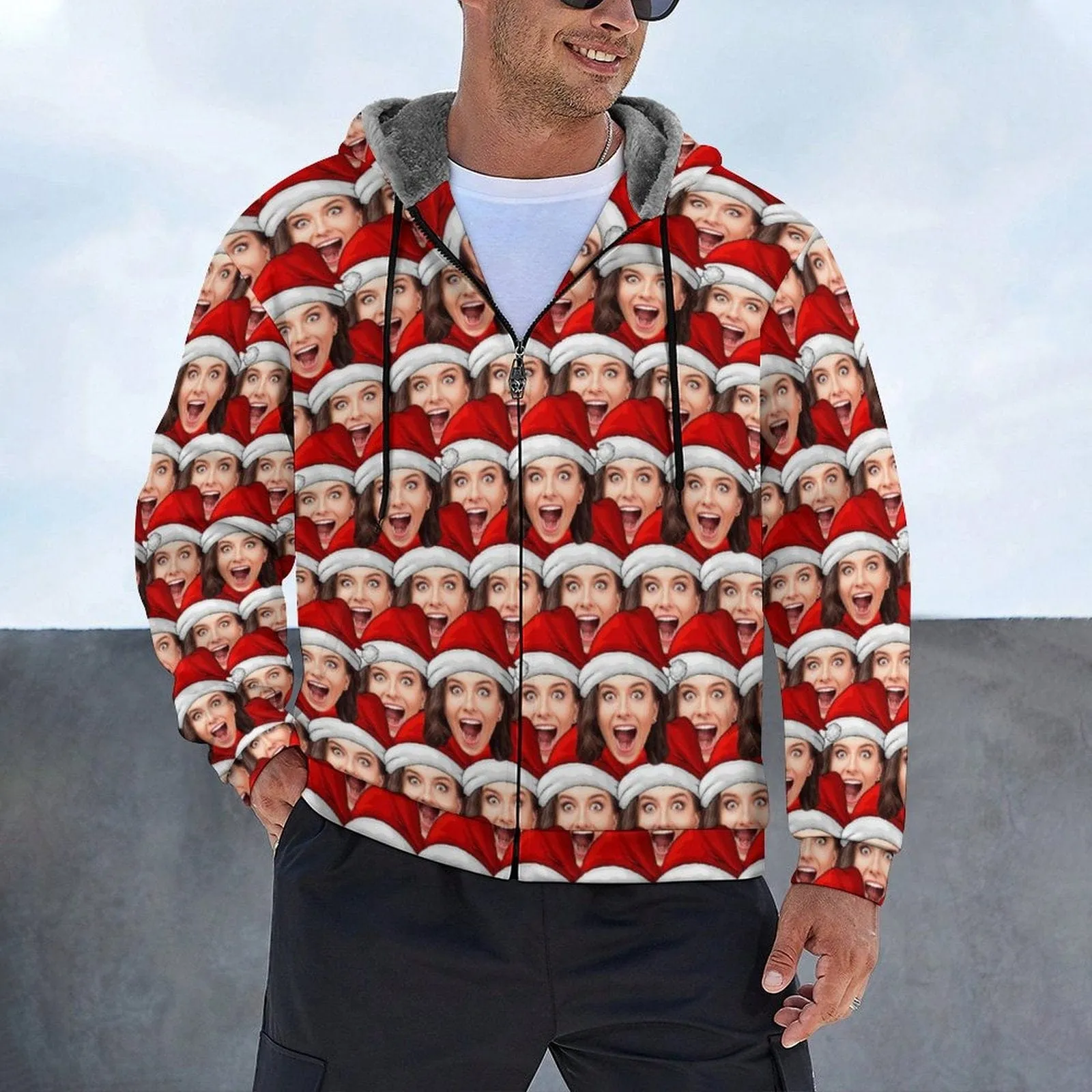 [Thick and Warm]Custom Seamless Face Christmas Hat Full Zip Hoodie Double Layer Fleece Thickened Jacket