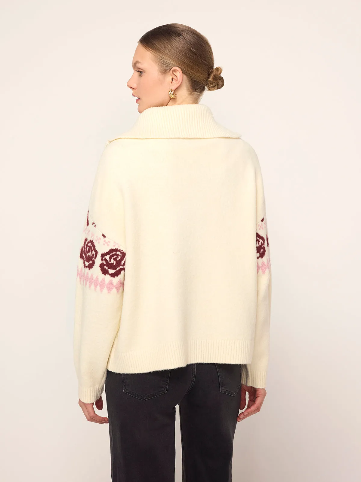 Uma Ivory Bow Fairisle Quarter Zip Sweater