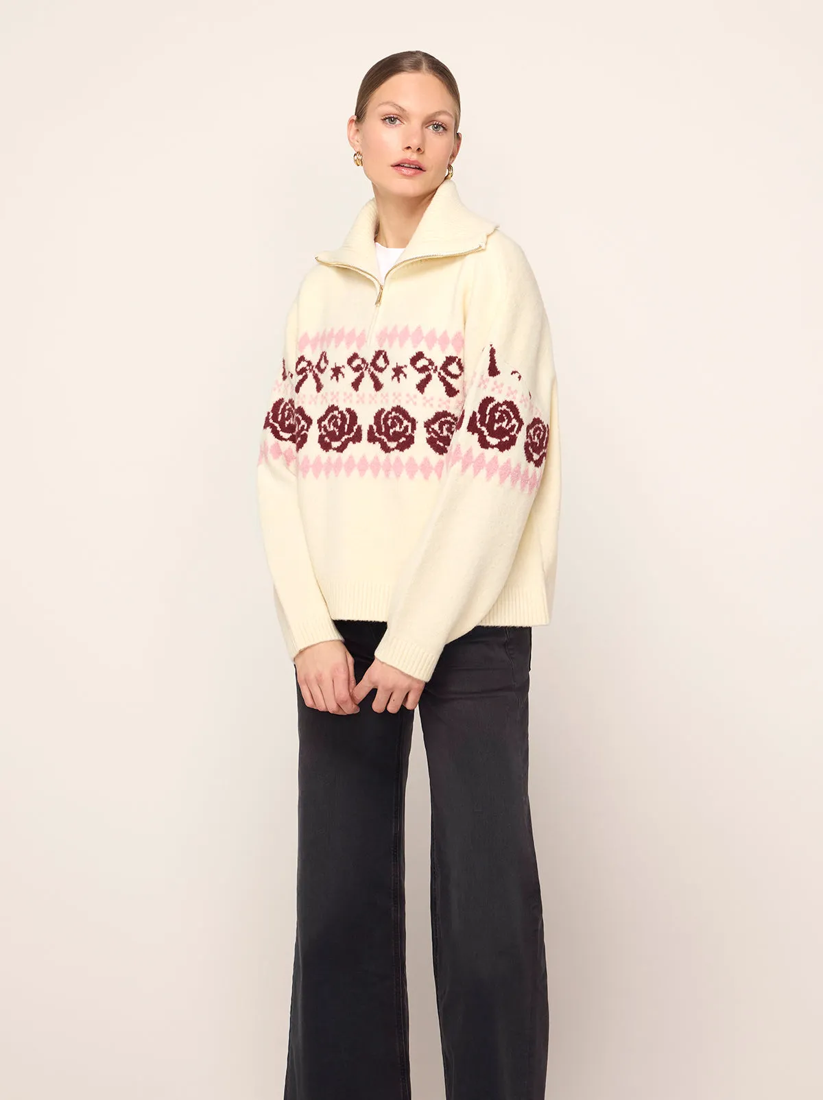 Uma Ivory Bow Fairisle Quarter Zip Sweater