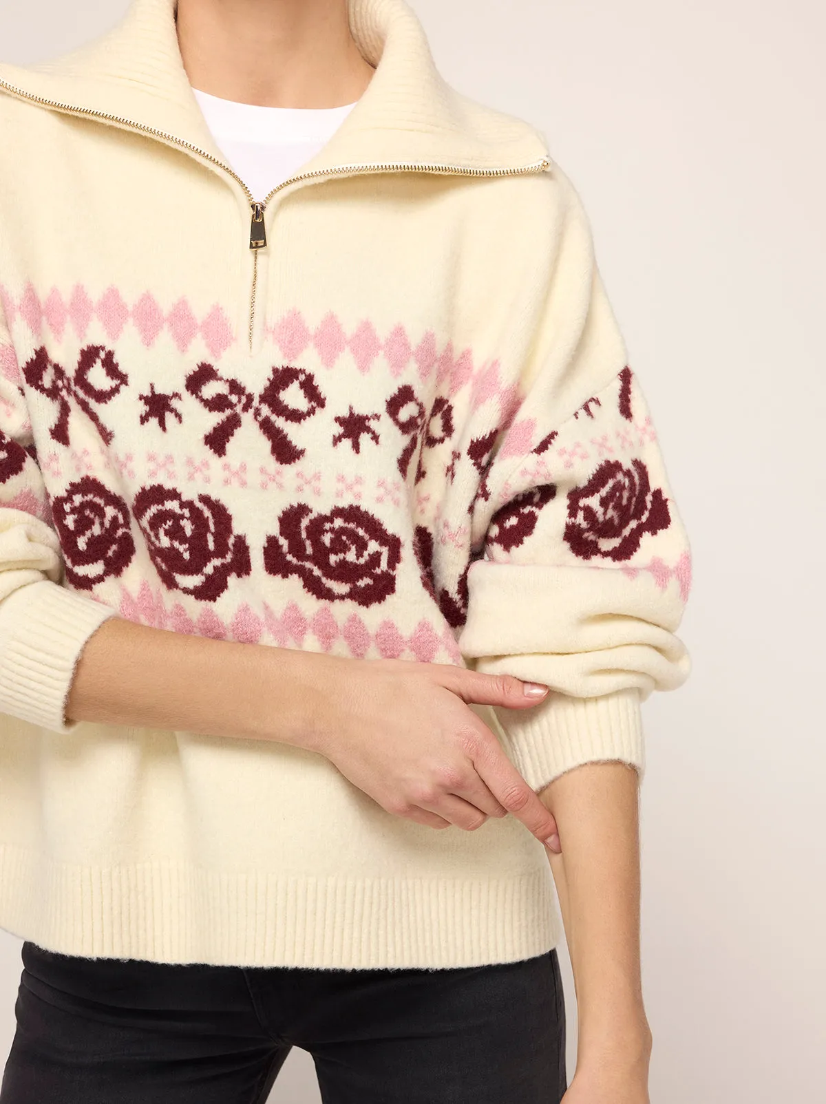 Uma Ivory Bow Fairisle Quarter Zip Sweater