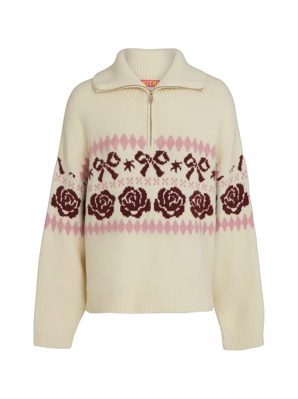 Uma Ivory Bow Fairisle Quarter Zip Sweater
