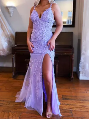 V Neck Purple Mermaid Lace Prom Dresses, Purple Mermaid Lace Formal Evening Dresses