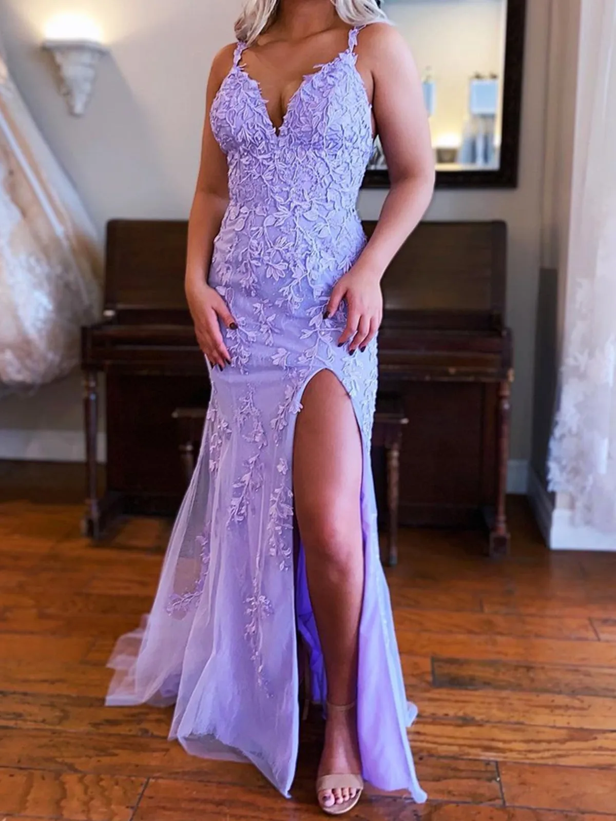 V Neck Purple Mermaid Lace Prom Dresses, Purple Mermaid Lace Formal Evening Dresses