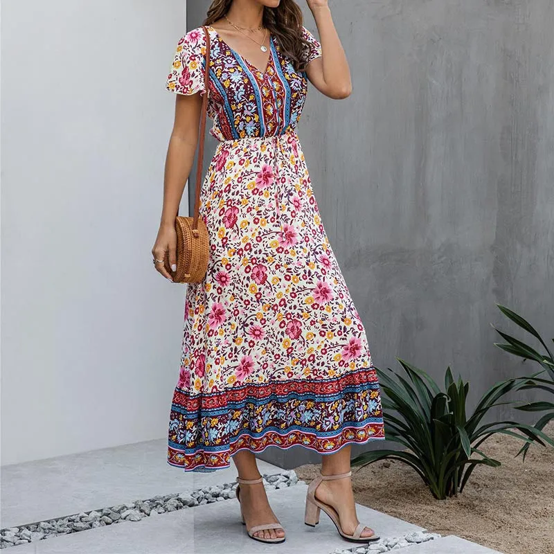 Vintage Floral Short Sleeve Long A Line Dress