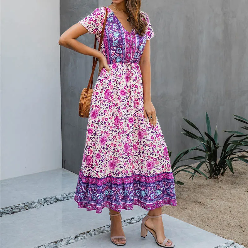Vintage Floral Short Sleeve Long A Line Dress