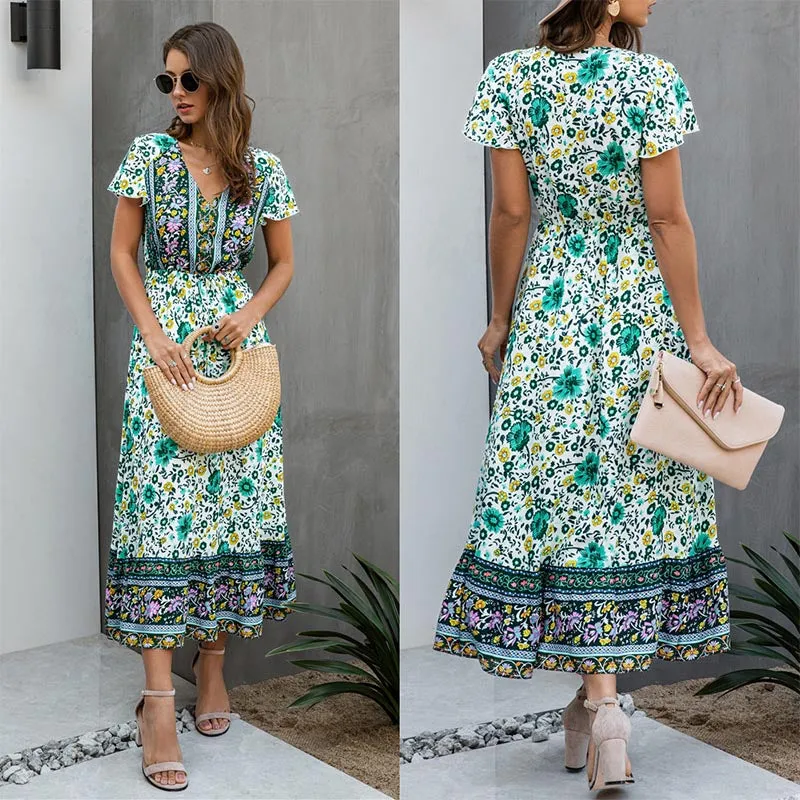 Vintage Floral Short Sleeve Long A Line Dress