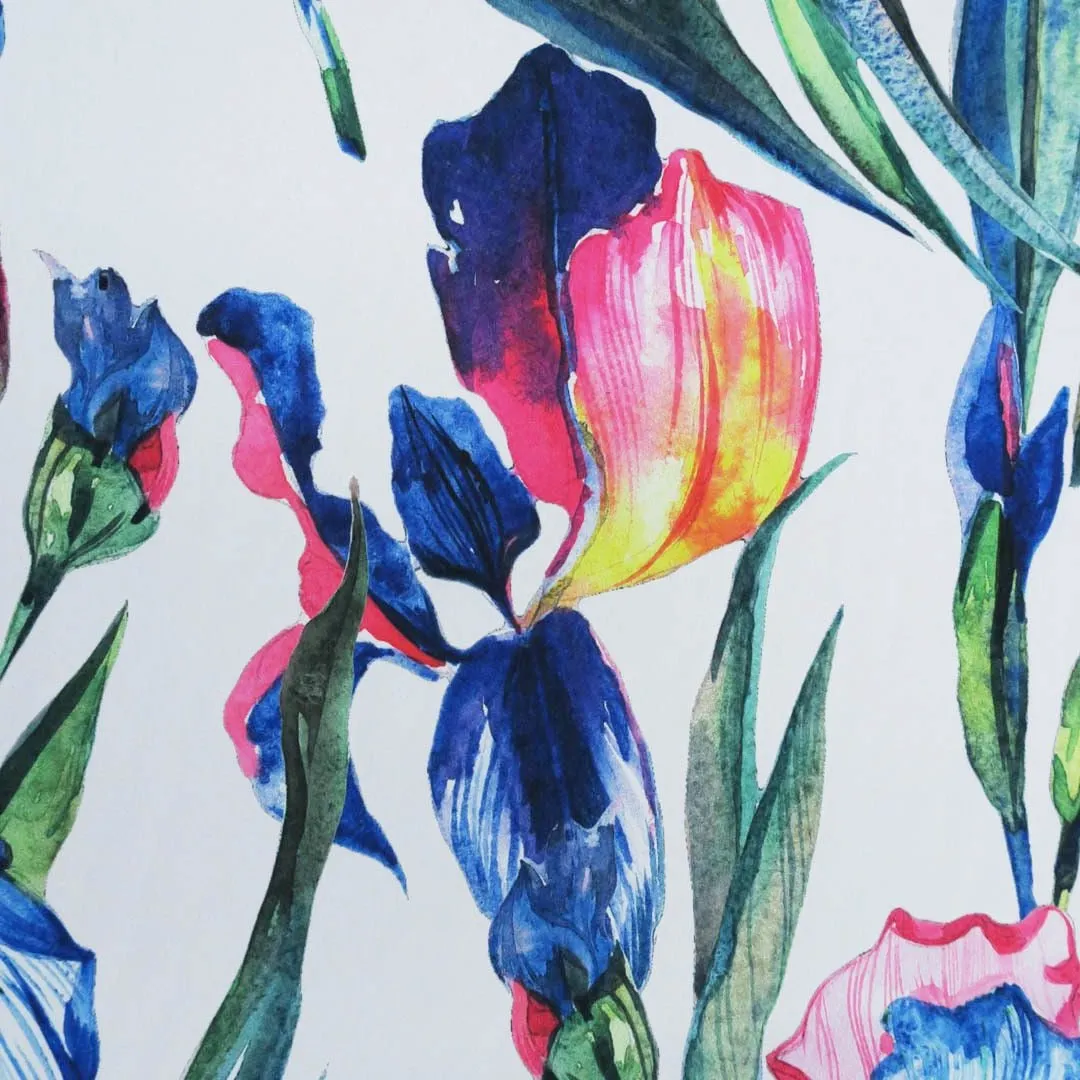White Background with Blue and Green Floral Printed Fabric