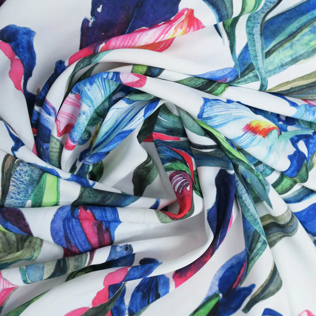 White Background with Blue and Green Floral Printed Fabric