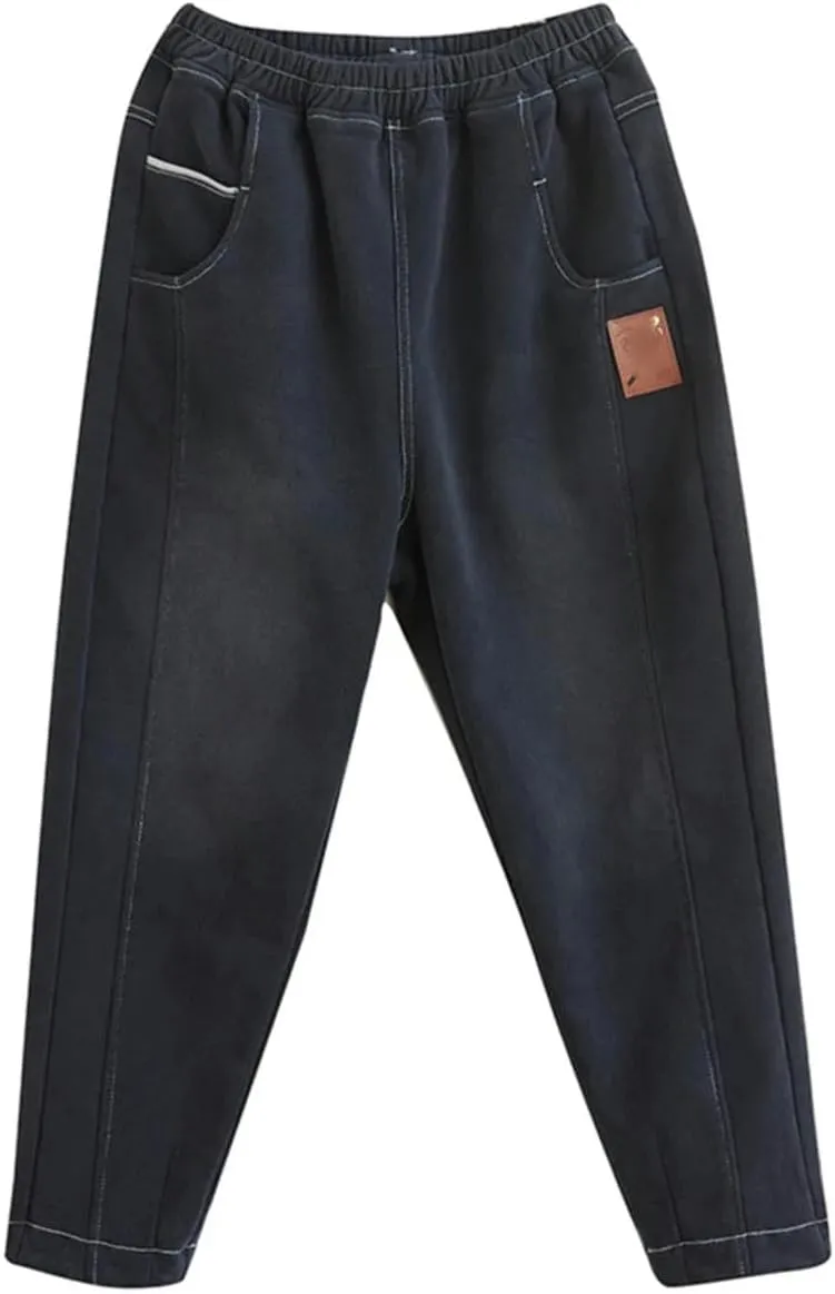 Winter Women Denim Pants Elastic Waist Warm Simple Pocket Patchwork Harem Jeans Loose Casual Trosuers