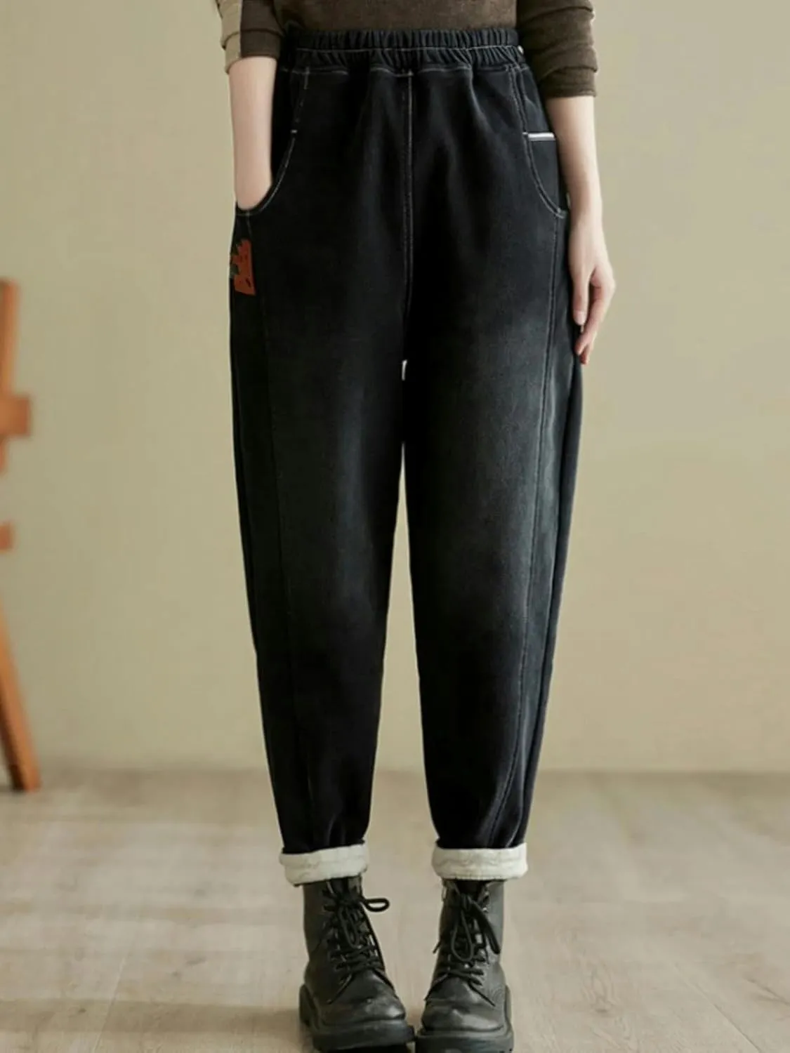 Winter Women Denim Pants Elastic Waist Warm Simple Pocket Patchwork Harem Jeans Loose Casual Trosuers